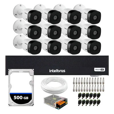 Kit 12 Câmeras Intelbras Vhl1220b Full HD 1080p, Visão Noturna 20m, Proteção Ip66 + Dvr Gravador Mhdx 1016-c 16 Canais + HD 500GB
