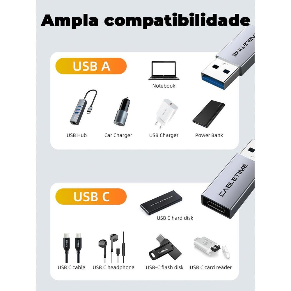 Imagem 5 de 5 do produto Adaptador Cabletime, USB-A Macho, para USBC 3.0 Fêmea OTG, 4CM