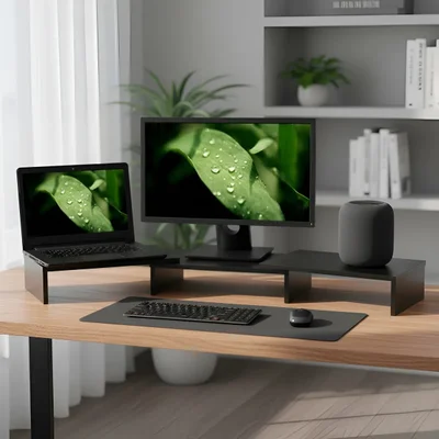 Suporte de Mesa Formalivre, Base Elevada, Ajustável, 3 Monitores Gamer, Notebook, Preto