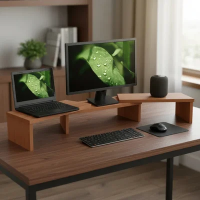 Suporte de Mesa Formalivre, Base Elevada, Ajustável, 3 Monitores Gamer, Notebook, Madeira Natural