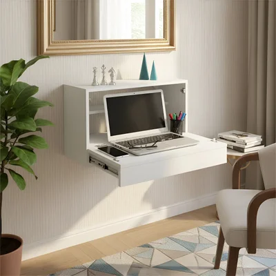 Escrivaninha Suspensa Formalivre, Compacta Com Gaveta, Mesa Para Notebook, Branco Laca