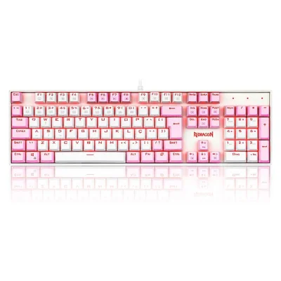 Teclado Com Fio Mecânico Redragon Mitra, Switch Marrom, ABNT 2, Rosa E Branco - K551PW PT-BROWN