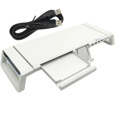 Base Para Monitor Ergonômica Multifuncional RGB com  Gaveta e 4 Portas USB - Branco