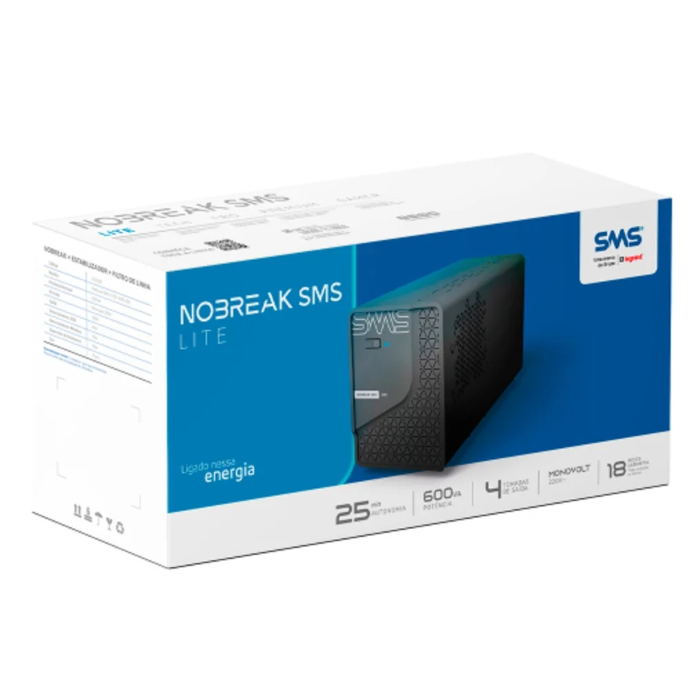 Imagem 4 de 5 do produto Nobreak Sms Lite, 600VA, 4 Tomadas, 220V  - 0029201