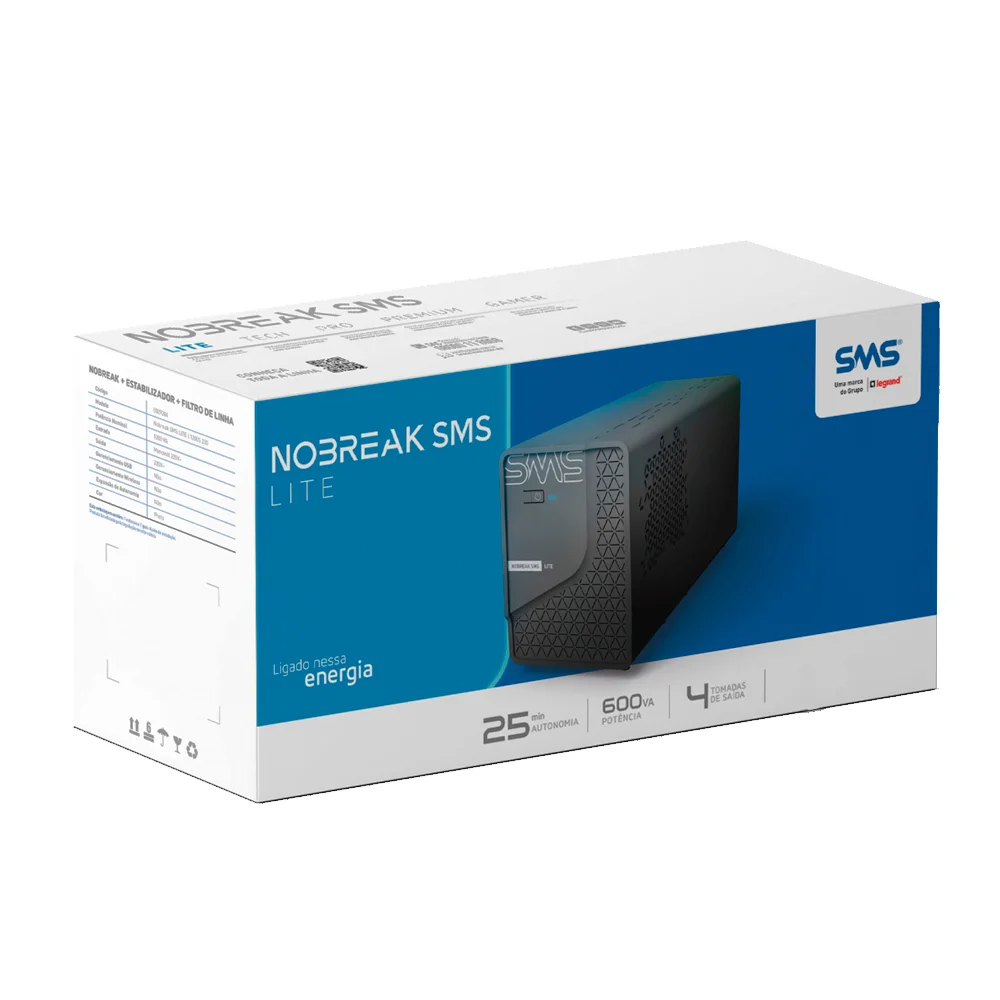 Imagem 5 de 5 do produto Nobreak Sms Lite, 600VA, 4 Tomadas, 220V  - 0029201