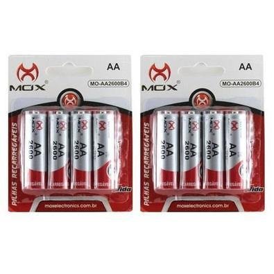 Kit 8 Pilhas Recarregável Mox Aa 2600mah - Pilha Pequena
