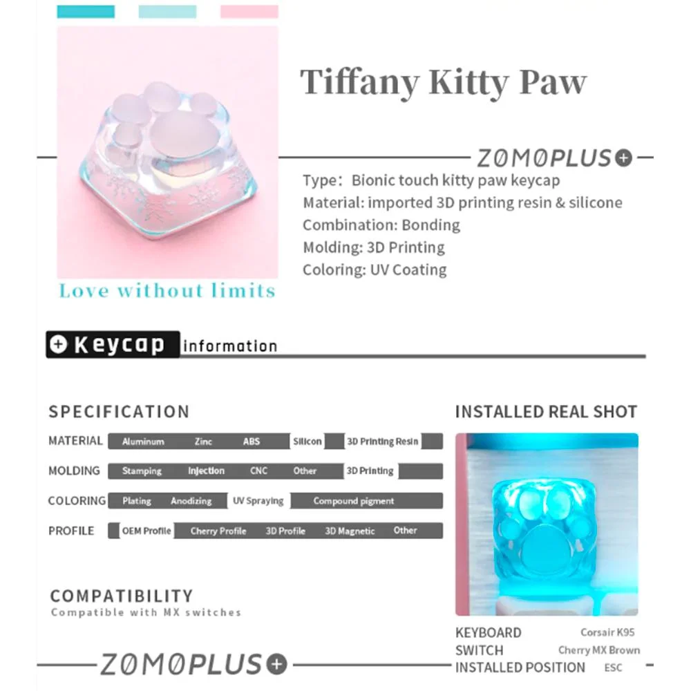 Imagem 2 de 5 do produto Tecla Gamer Zomoplus Kitty Paw Tiffnay , de Gatinho em Resina 3D, e Silicone