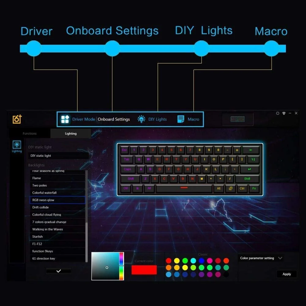 Imagem 3 de 5 do produto Teclado Mecânico Skyloong Gk61, Gateron Yellow Switch, RGB USB-C, Preto