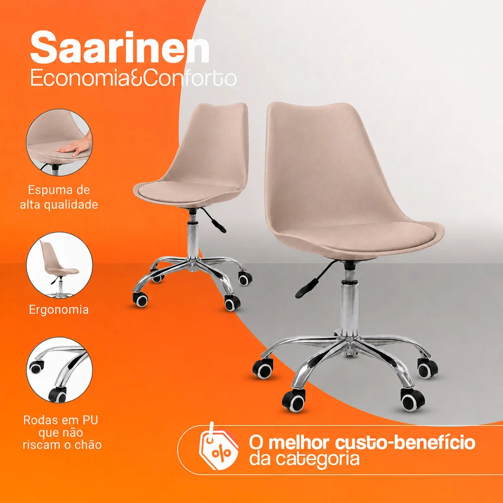 Imagem 3 de 5 do produto Cadeira Office Saarinen Giratória Base Cromada com Rodízio e Ajuste de Altura - Escritório e Home Office Bege