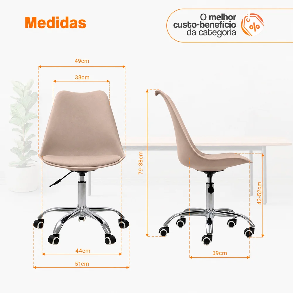 Imagem 5 de 5 do produto Cadeira Office Saarinen Giratória Base Cromada com Rodízio e Ajuste de Altura - Escritório e Home Office Bege