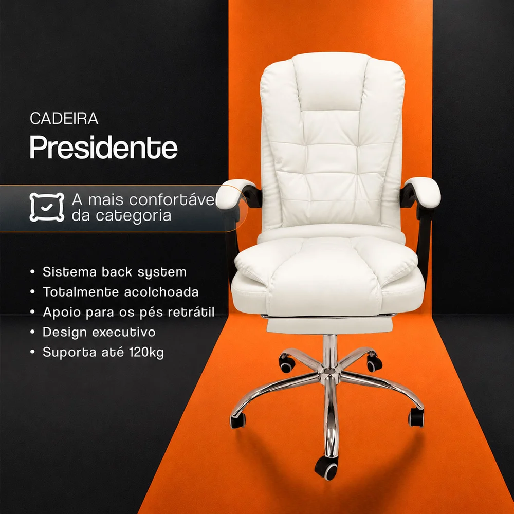 Imagem 2 de 5 do produto Cadeira de Escritório Oficial Presidente Branca Reclinável Ergonômica com Base Giratória e Rodízios para Home Office
