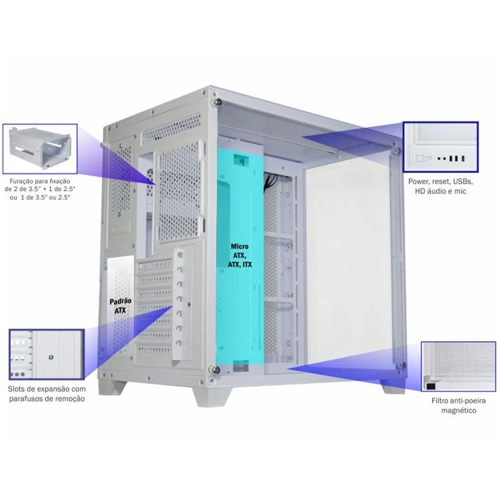 Gabinete Gamer K-mex Space Atx W2r4, Lateral E Frontal, Em Vidro Temperado, USB 3.0,ATX,Branco