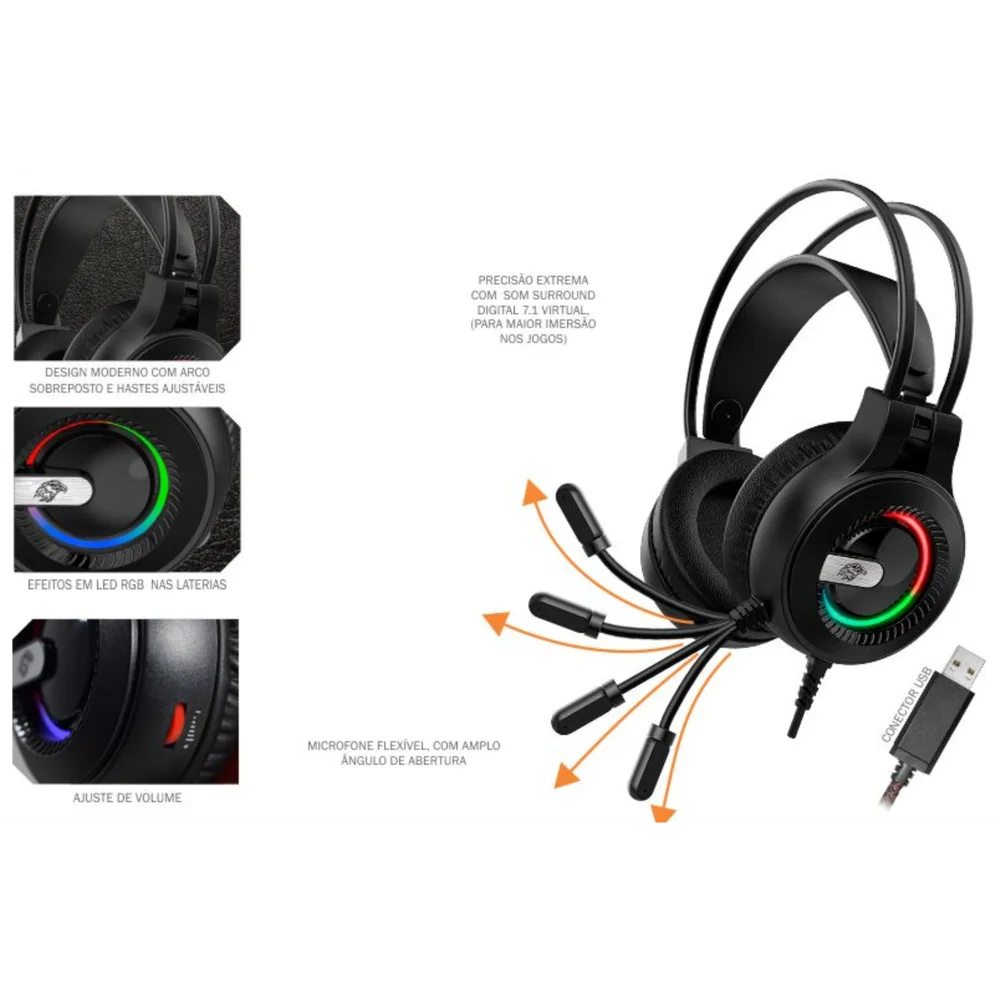 Imagem 5 de 5 do produto Headset Gamer K-Mex Ar63, LED RGB, USB, Microfone Flexível, 7.1, Preta