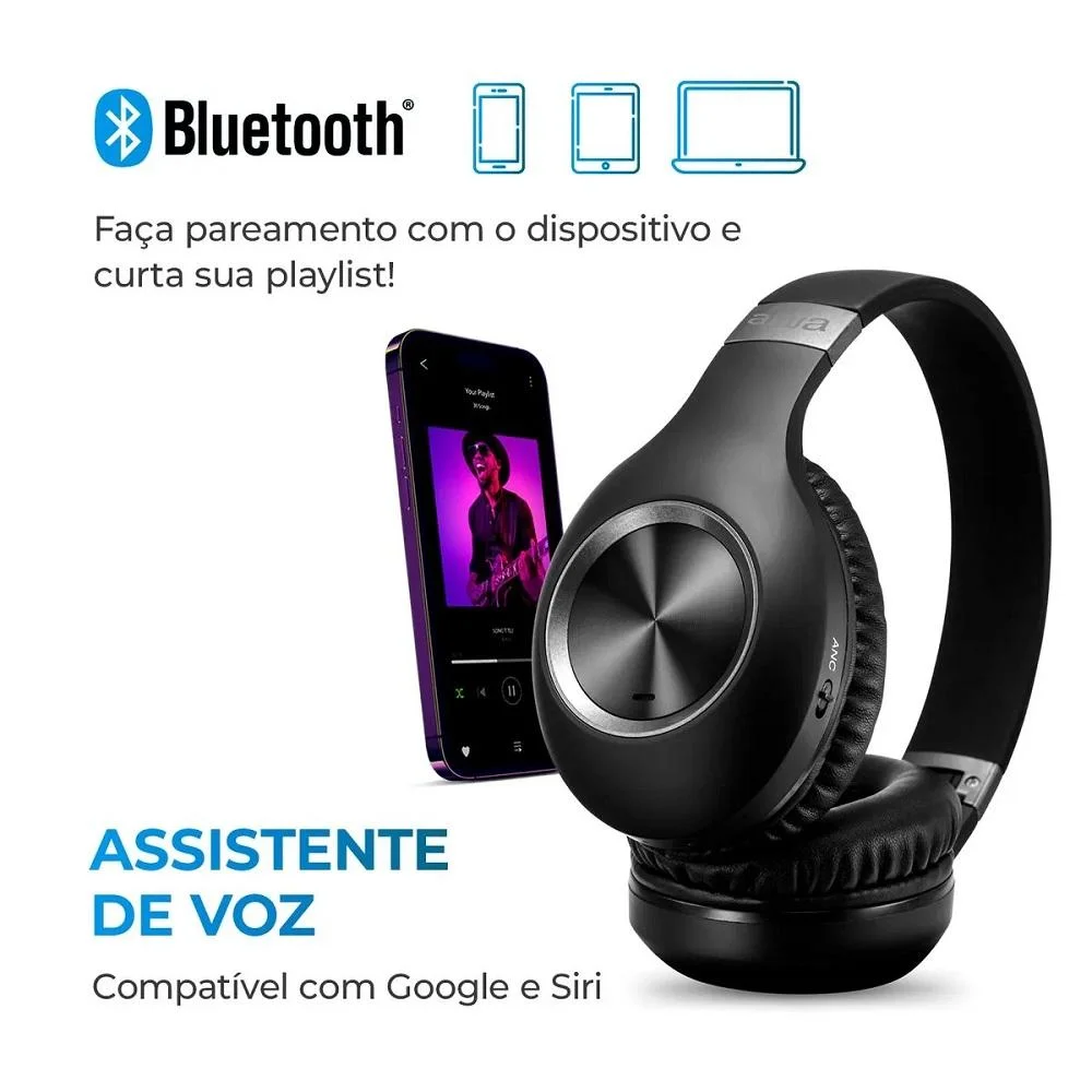 Imagem 3 de 5 do produto Fone Headphone Aiwa, Bluetooth, Preto - Aws-hp-02-b