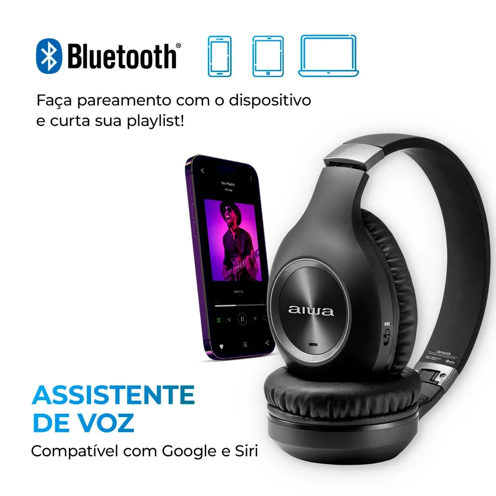 Imagem 2 de 5 do produto Fone Headphone Aiwa, Bluetooth, Preto - Aws-hp-02-b