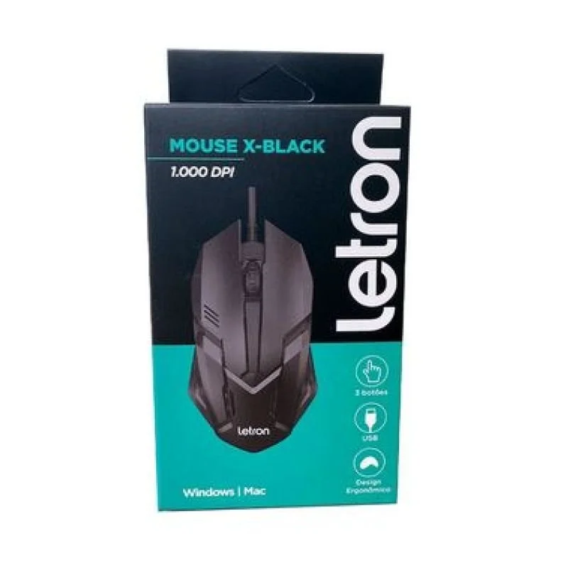 Mouse USB Letron, 3 Botoes, 1000 Dpi X, Black 1602 R8 Mouse USB Letron, 3 Botoes, 1000 Dpi X, Black 1602 R8
