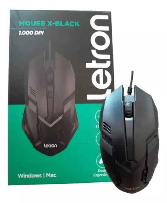 Mouse USB Letron, 3 Botoes, 1000 Dpi X, Black 1602 R8 Mouse USB Letron, 3 Botoes, 1000 Dpi X, Black 1602 R8