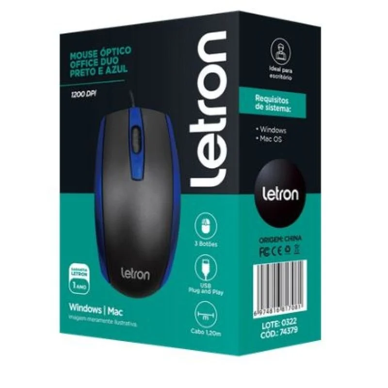 Imagem 2 de 3 do produto Mouse USB, Letron Office, Duo, Azul, Ergonomico, 3d