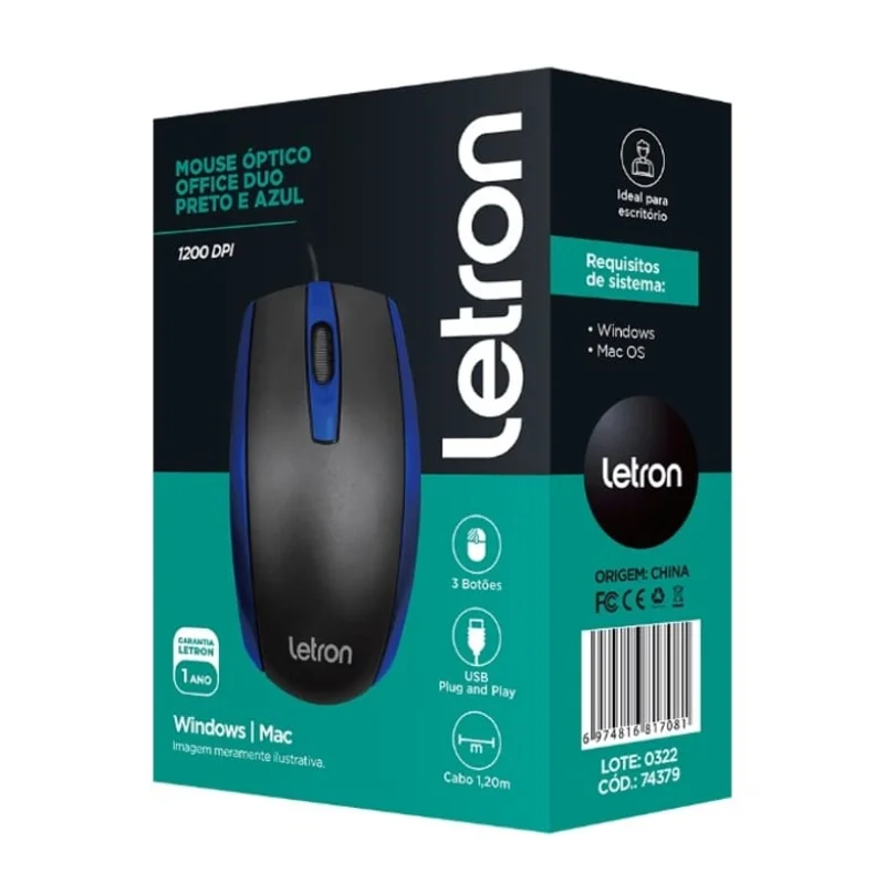 Imagem 3 de 3 do produto Mouse USB, Letron Office, Duo, Azul, Ergonomico, 3d