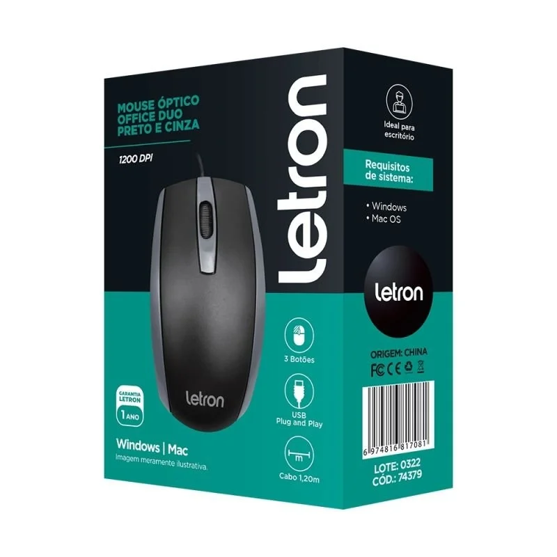 Mouse USB Letron Office, Duo, Preto E Cinza, Fio USB, Ergonomico Mouse USB Letron Office, Duo, Preto E Cinza, Fio USB, Ergonomico
