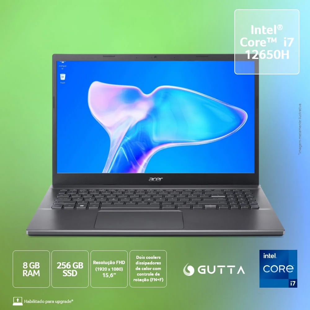 Notebook Acer Aspire 5 Intel Core i7 12650h, 8GB RAM, SSD 256GB, Tela 15.6" Full HD, Linux - A515-57-727c