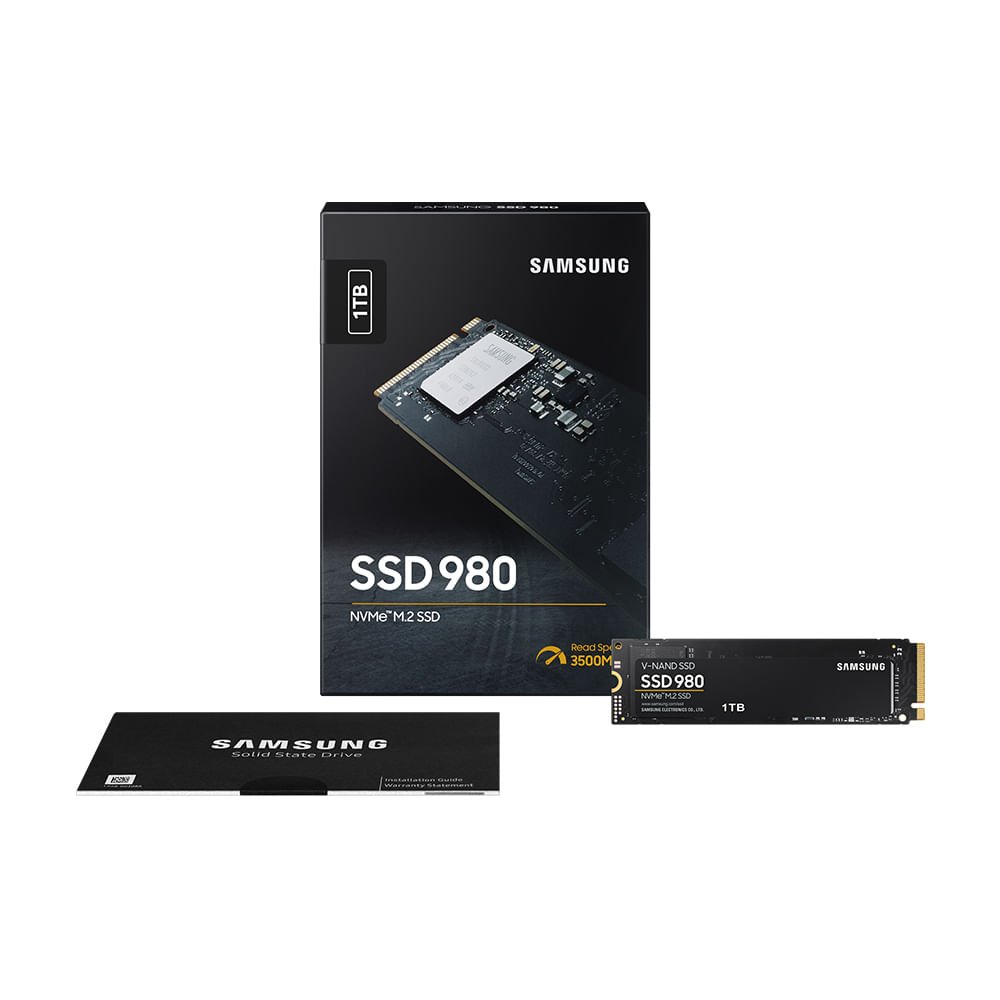 SSD PCIe 3.0 Samsung NVMe 980, 1TB M.2, V-NAND, Leitura Sequencial Até 3.500 Mb/s e Escrita Sequencial Até 3.000 Mb/s SSD PCIe 3.0 Samsung NVMe 980, 1TB M.2, V-NAND, Leitura Sequencial Até 3.500 Mb/s e Escrita Sequencial Até 3.000 Mb/s