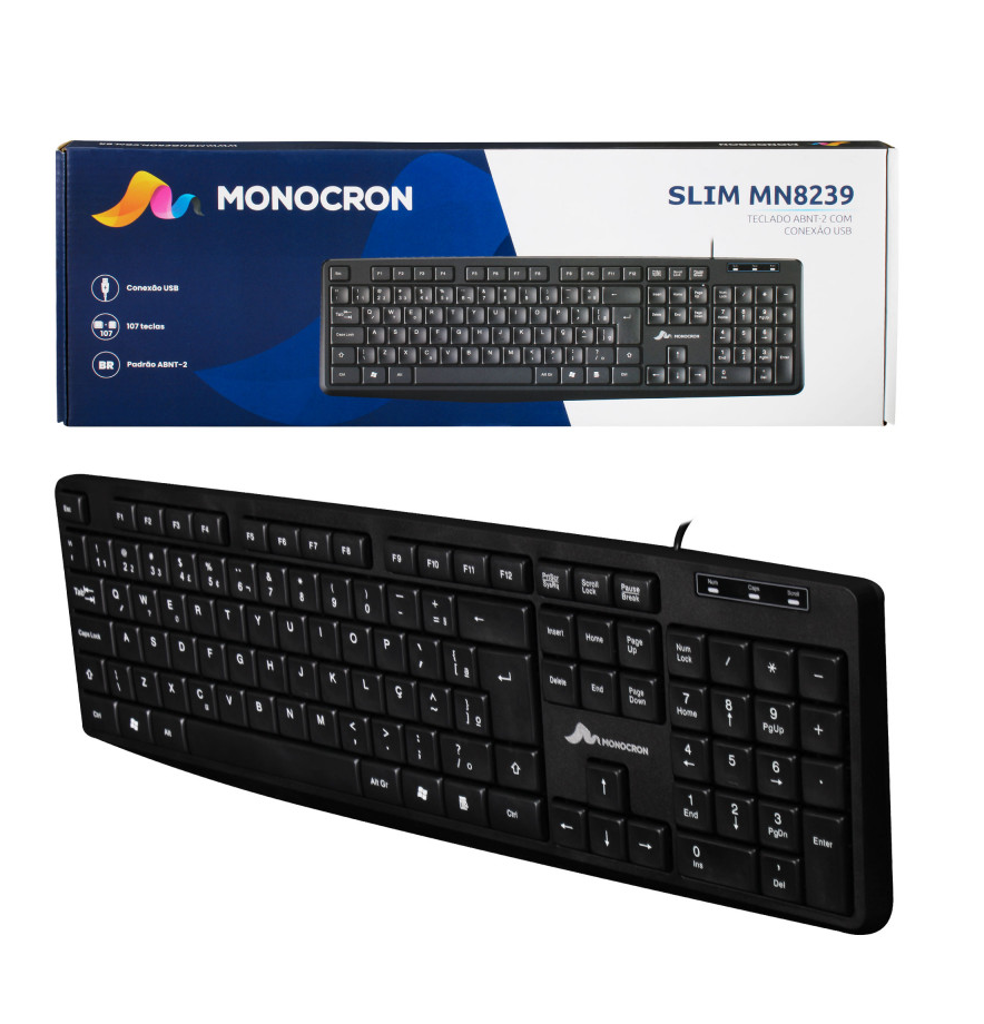 Teclado Monocron Slim Mn8239, USB, 107 Teclas, ABNT2, Preto