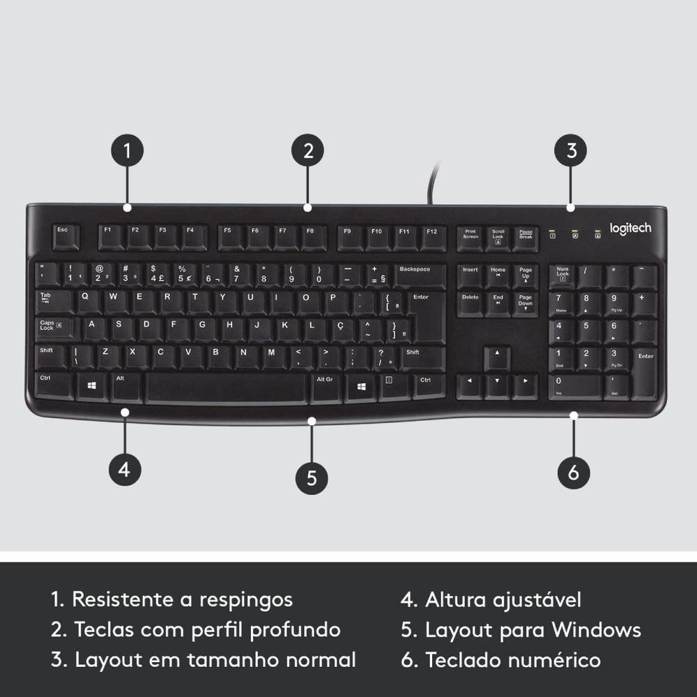 Imagem 2 de 5 do produto Kit 03 Teclado Logitech K120 Com Fio, Usb Abnt2, Tecla Ç, Resistente
