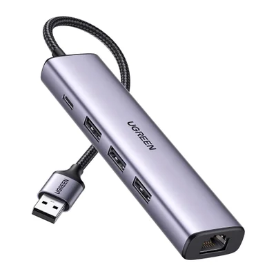 Adaptador Ugreen, USB 3.0, Para 3xusb3.0+rj45, C/ Energia, Tipo C