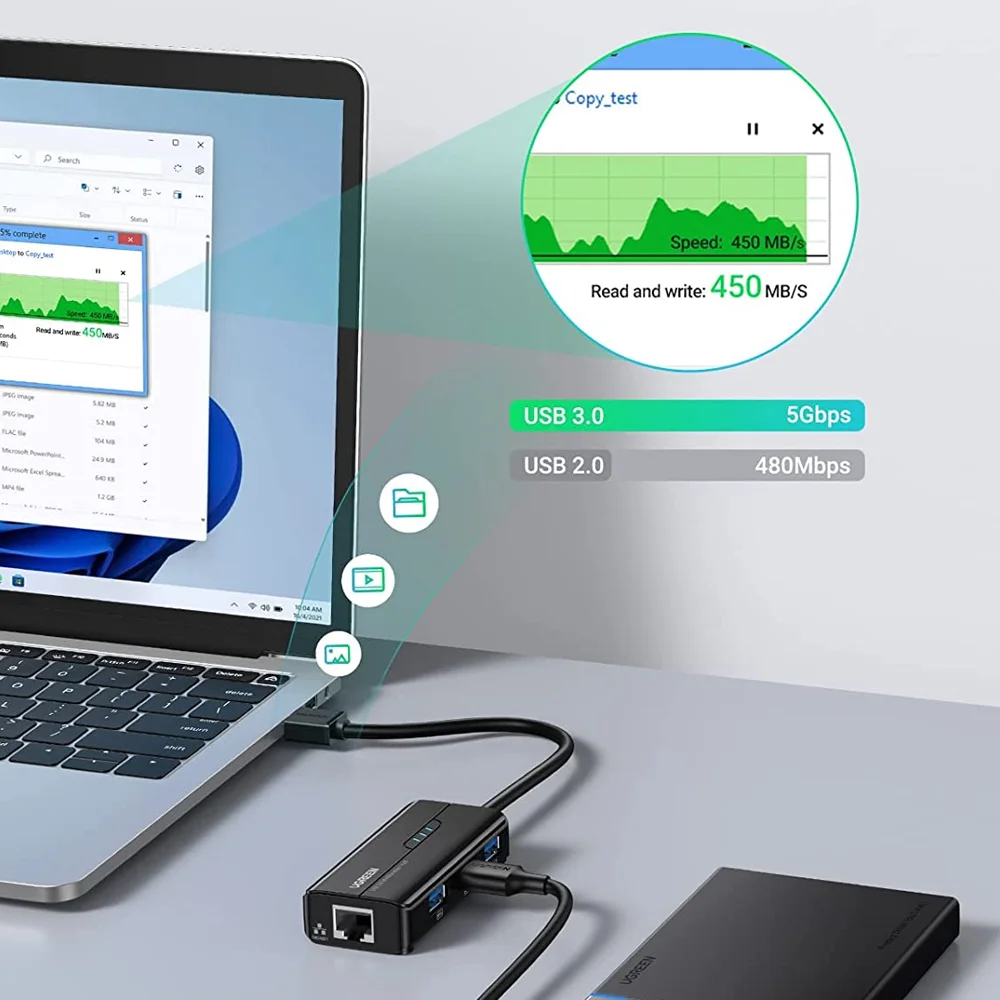 Imagem 3 de 4 do produto Adaptador Hub USB 3.0a Ugreen,Para Rj45 E 3 USB 3.0a, Preto