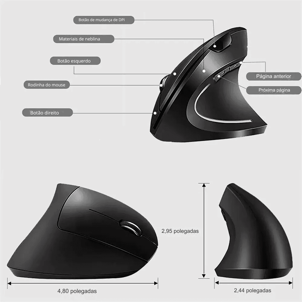Imagem 3 de 3 do produto Mouse Sem Fio Ergonômico, 6 botões, DPI Ajustável (800/1200/1600)