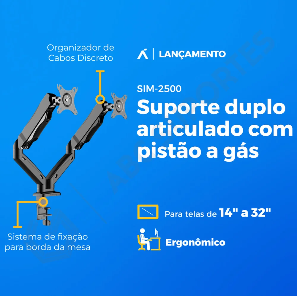 Imagem 2 de 5 do produto Suporte Articulado De Mesa Com Pistão A Gás, Ajuste De Altura Para 02 Monitores De 14 À 32 Polegadas - Aquário Sim-2500