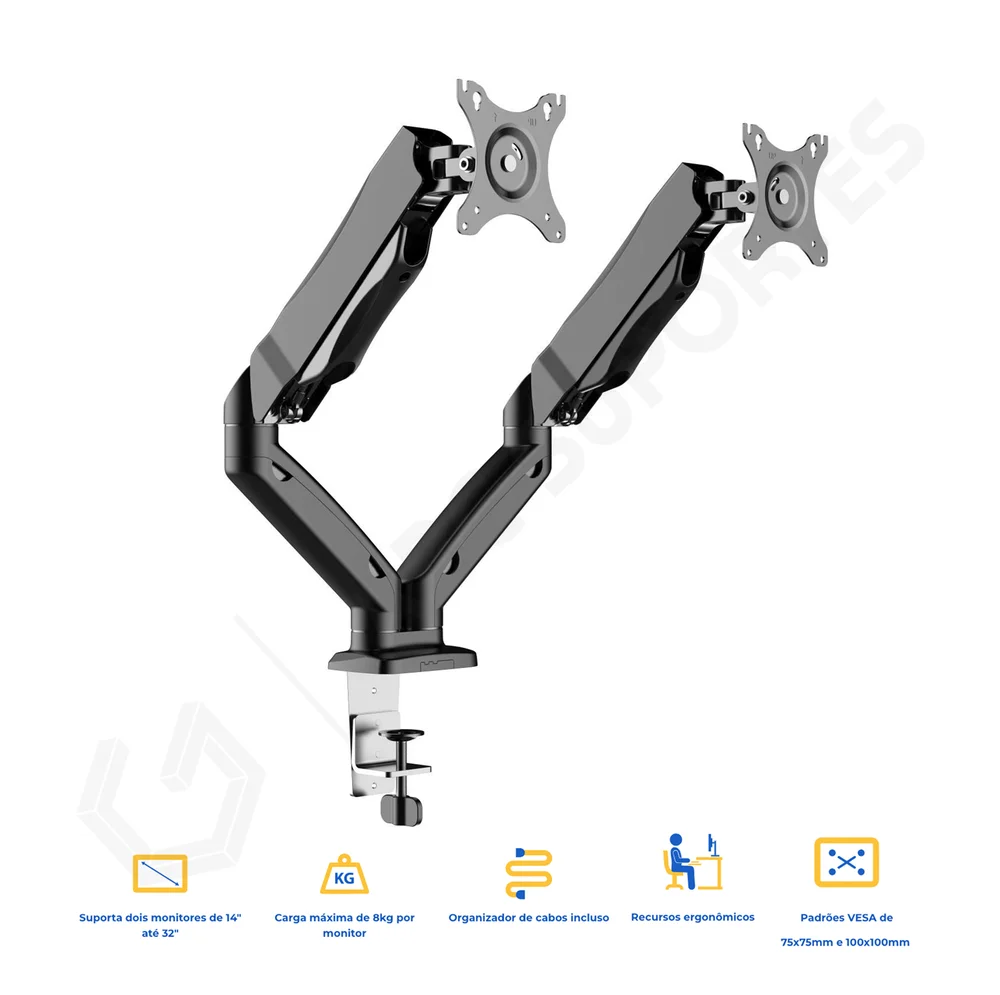 Imagem 4 de 5 do produto Suporte Articulado De Mesa Com Pistão A Gás, Ajuste De Altura Para 02 Monitores De 14 À 32 Polegadas - Aquário Sim-2500