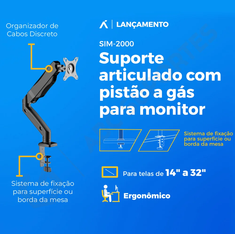 Imagem 2 de 5 do produto Suporte Articulado De Mesa Com Pistão A Gás, Ajuste De Altura Para Monitores De 14 À 32 Polegadas - Aquário Sim-2000 Co