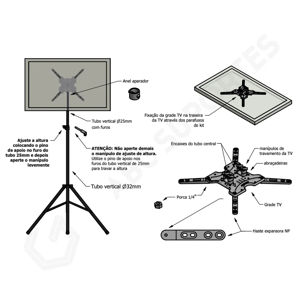 Imagem 3 de 5 do produto Suporte TV Tripé Telescópio 360° 10 À 55 Polegadas - Avatron Tv-180-b, Preto