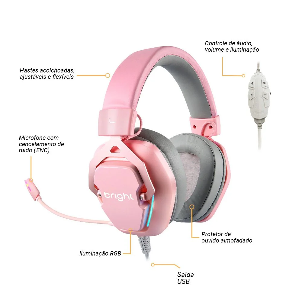 Headset Gamer Foxy Bright 7.1 RGB ,Rosa, Cinza