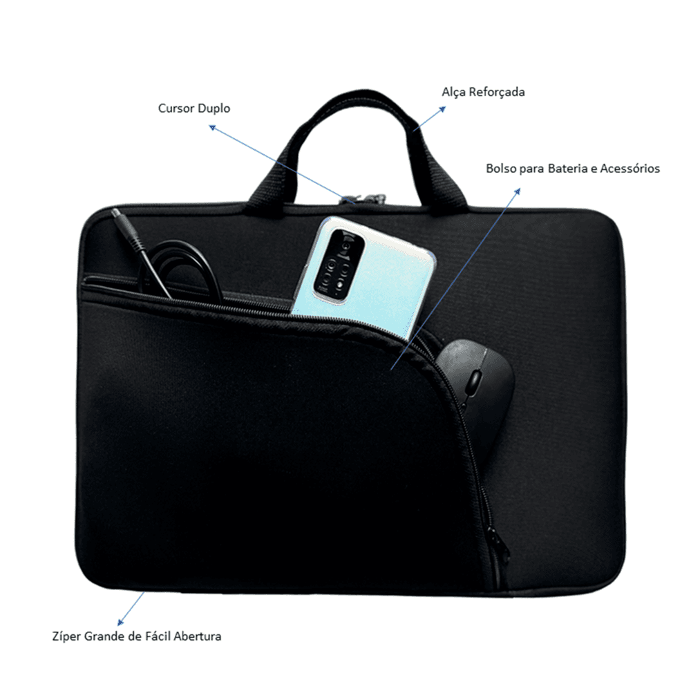 Capa Case Notebook Com Bolso, Slim, Prática Reforçada, Ziper Duplo, Preto - 12 Polegadas Capa Case Notebook Com Bolso, Slim, Prática Reforçada, Ziper Duplo, Preto - 12 Polegadas