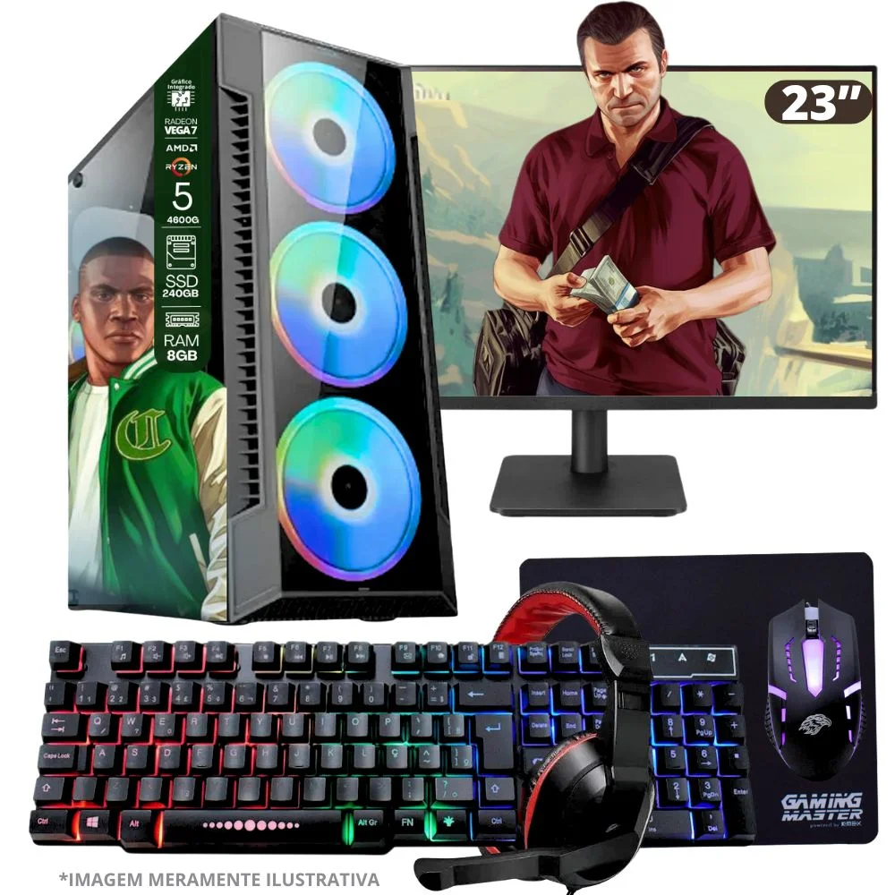 Computador Gamer Balão.info, AMD Ryzen 5-4600g, 8GB, SSD 240GB, Windows 10 Pro Trial + Monitor 23" + Teclado/Mouse, Mouse Pad, Headset