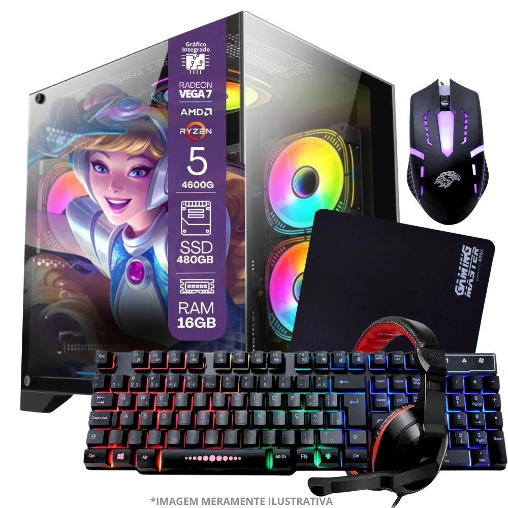 PC Gamer Balão.info, AMD Ryzen 5-4600g, 16GB, SSD 480GB, Windows 10 Pro Trial + Teclado/Mouse, Mouse Pad, Headset