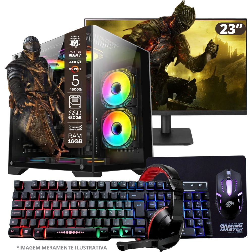 PC Gamer Tob, AMD Ryzen 5-4600G, 16GB, SSD 480GB, Windows 10 Pro Trial + Monitor 23" + Teclado/Mouse, Mouse Pad, Headset