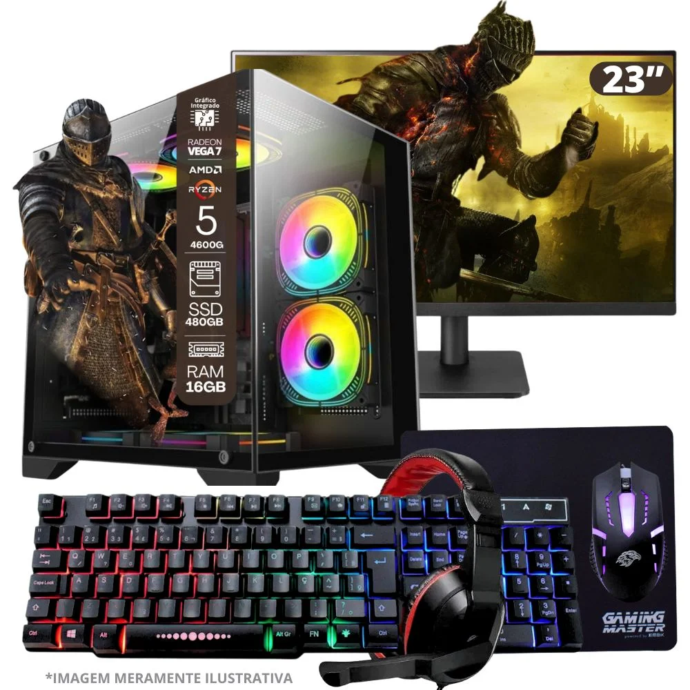 PC Gamer Balão.info, AMD Ryzen 5-4600G, 16GB, SSD 480GB, Windows 10 Pro Trial + Monitor 23" + Teclado/Mouse, Mouse Pad, Headset