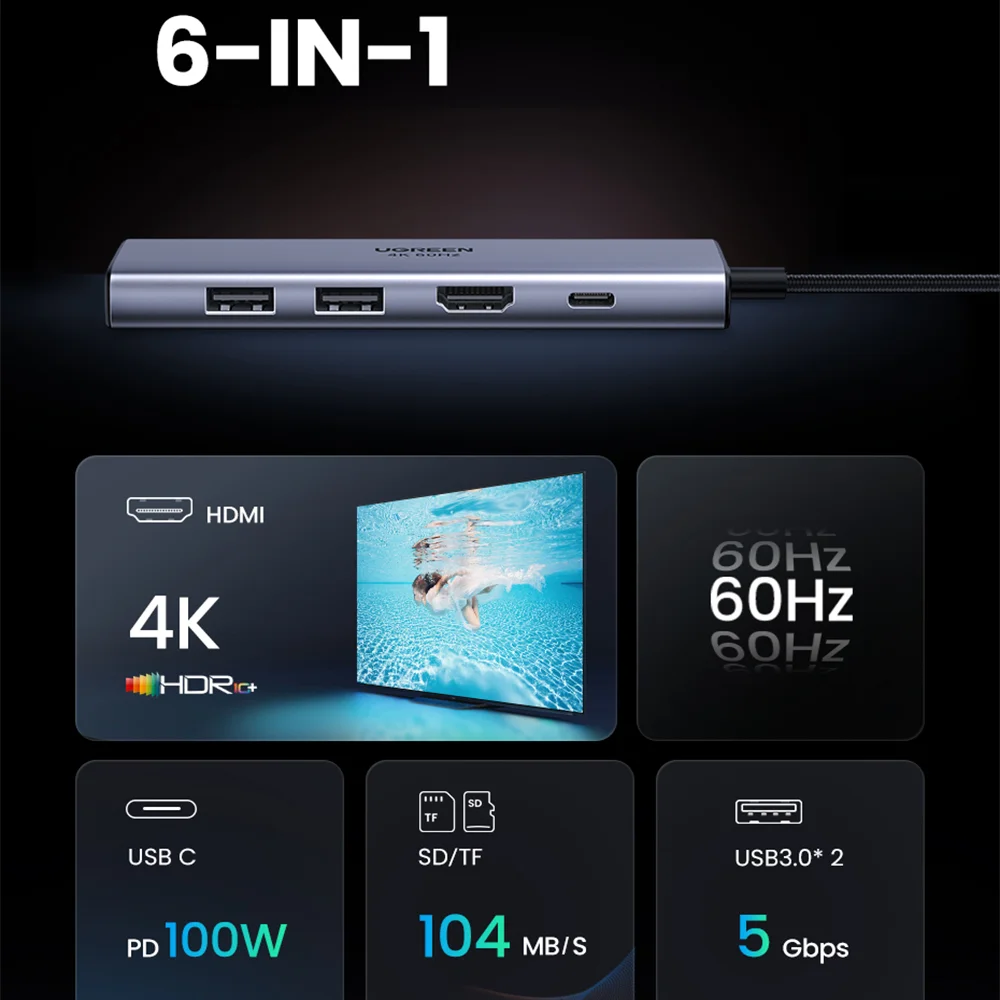 Imagem 3 de 4 do produto Adaptador Hub  Ugreen, USB, C 3.0,6 Em 1, Porta Carregamento, Pd
