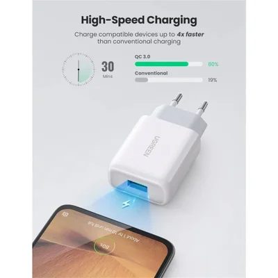 Carregador Ugreen, Porta USB A, Turbo Qc 3.0 Max, 18w, Branco — foto 3