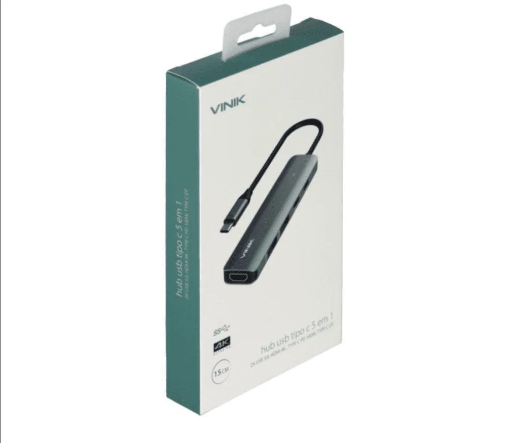 Imagem 2 de 5 do produto Adaptador Hub USB Type C, 5 Em 1, 2x USB 3.0 + HDMI 4k, Type C Pd 100w, Type C Dt Vinik - Hv51c
