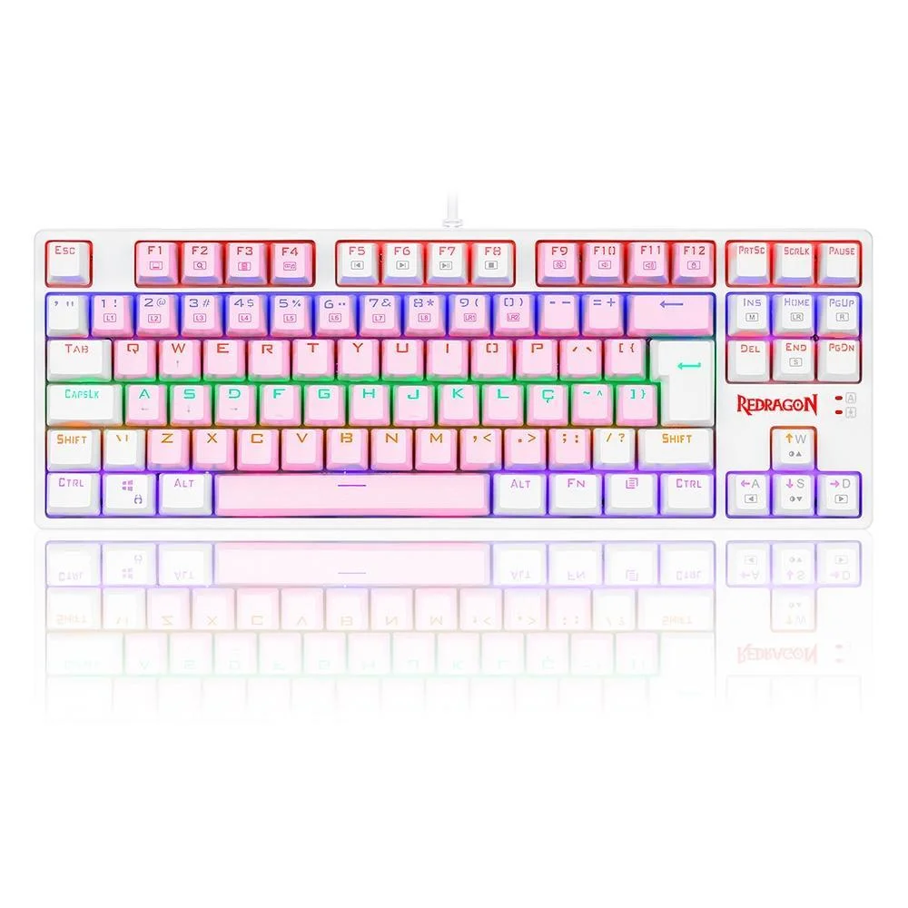Teclado Mecânico Gamer Redragon Daksa Rainbow, Switch Blue Removíveis, ABNT2, White, pink, Branco Teclado Mecânico Gamer Redragon Daksa Rainbow, Switch Blue Removíveis, ABNT2, White, pink, Branco