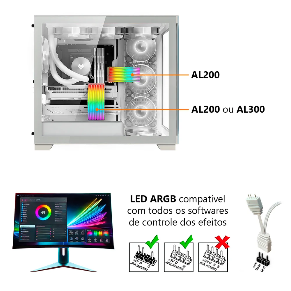 Imagem 2 de 5 do produto Barra de LED Neon, AL200 Coolmoon, ARGB 5V 3 Pinos, Guia Para Esconder Cabos da Fonte, Branco