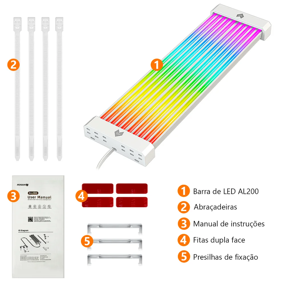 Imagem 5 de 5 do produto Barra de LED Neon, AL200 Coolmoon, ARGB 5V 3 Pinos, Guia Para Esconder Cabos da Fonte, Branco