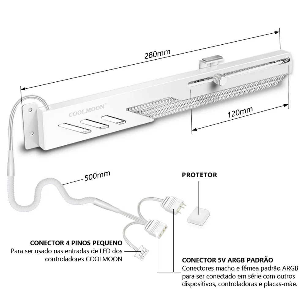 Suporte para Placa De Vídeo Coolmoon, Branco, LED ARGB 5v, 3 Pinos, 280mm, Controlável 7
