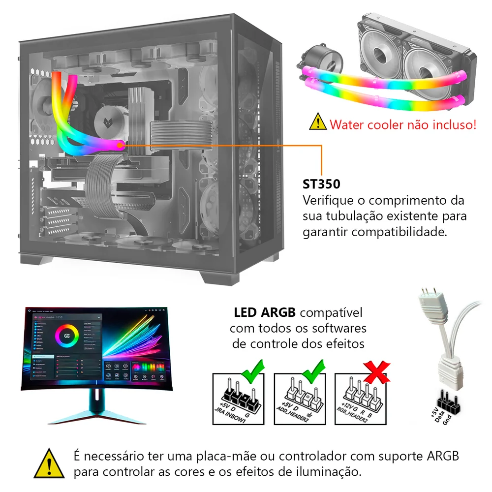 Revestimento Tubo de Water Cooler COOLMOON, ST350, ARGB, LED 5V 3 Pinos, Silicone, 350mm 5
