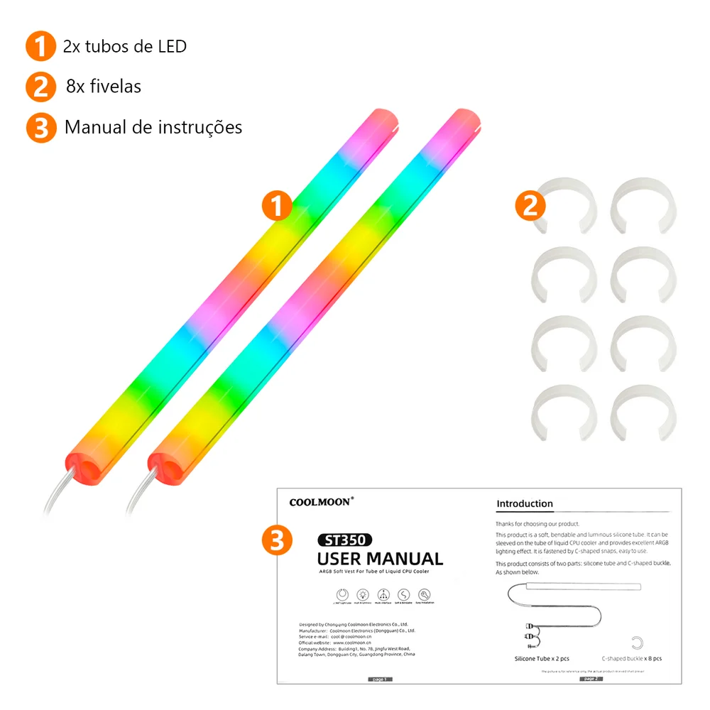 Revestimento Tubo de Water Cooler COOLMOON, ST350, ARGB, LED 5V 3 Pinos, Silicone, 350mm 6